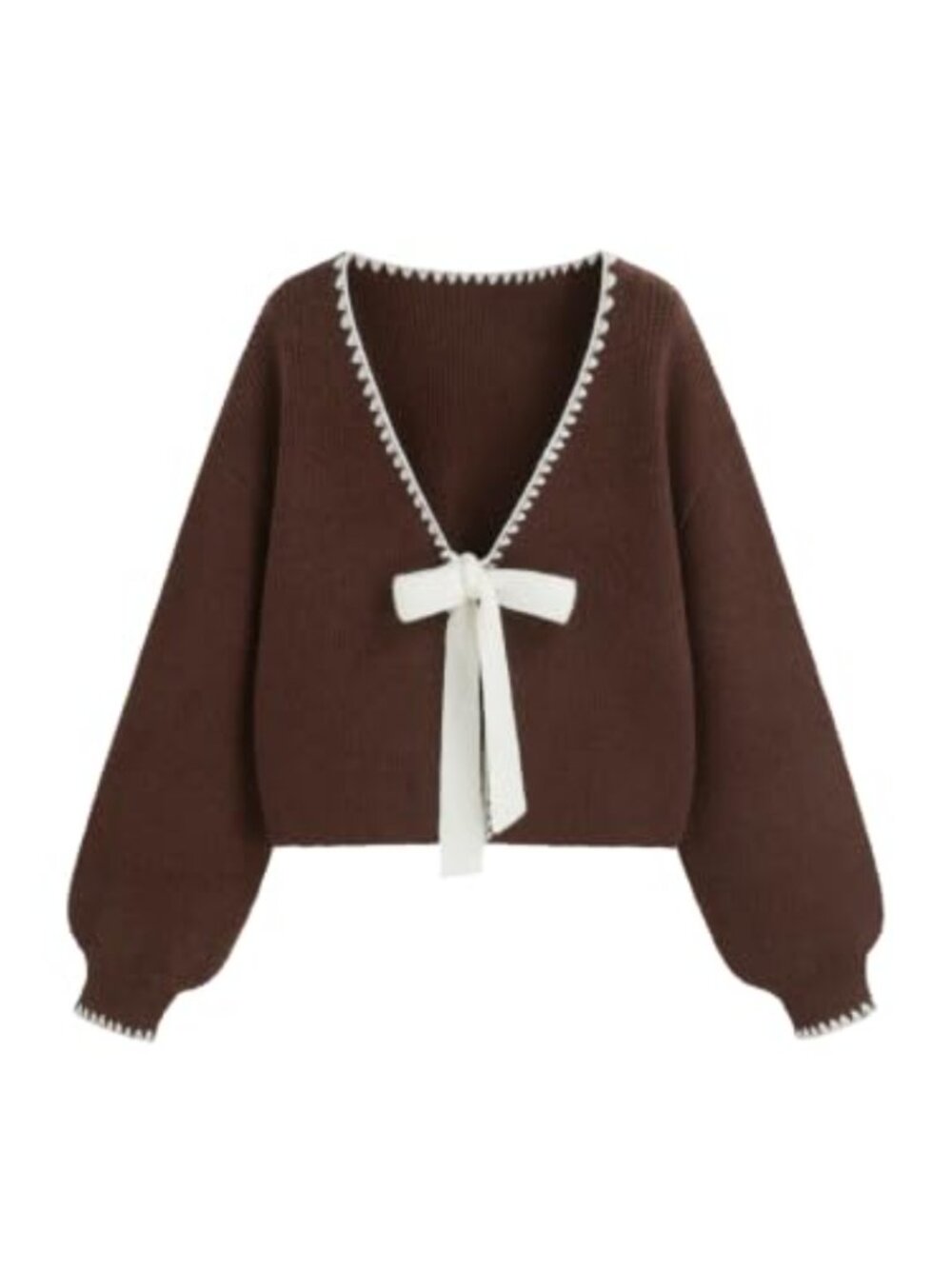 Women Cropped Tie Front Bow Cardigan Bolero Contrast Trim Knit